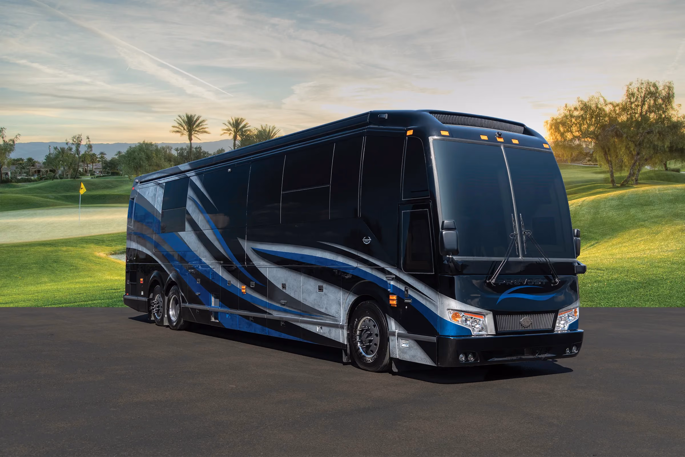 Exterior glamour shot of 2021 Marathon Coach 1339 on Prevost H3-45 chassis with quad-slide layout