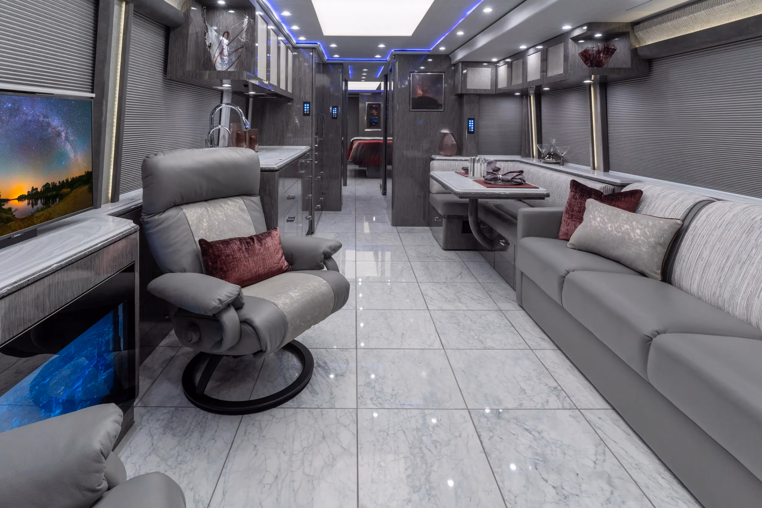 Interior salon of 2021 Marathon Coach 1328 with integrated Marathon systems