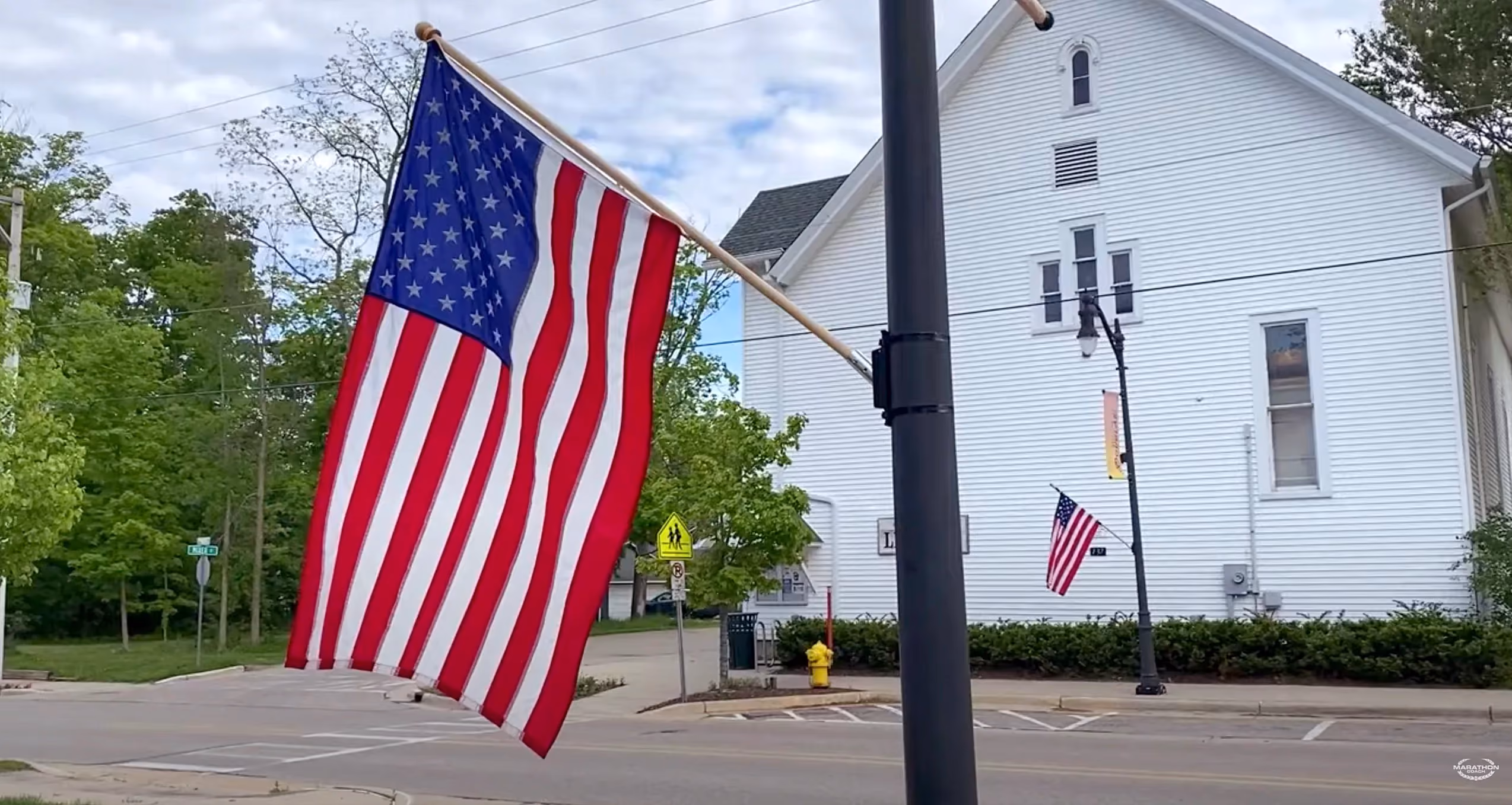An American flag hanging in Douglas, Michigan
