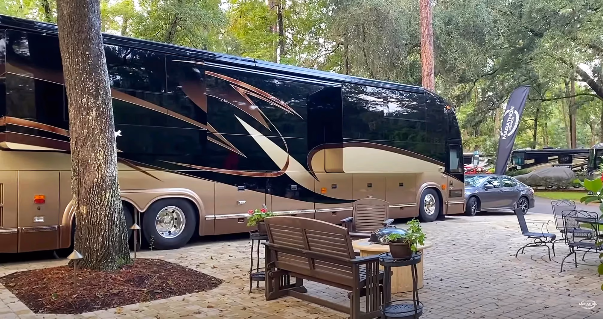 A Marathon Coach parked at Hilton Head Island Motorcoach RV Resort in South Carolina