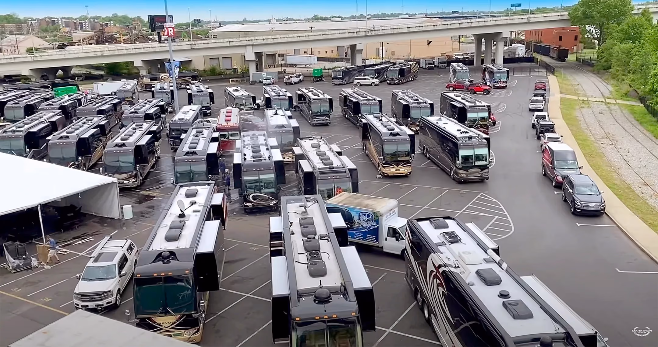 Luxury RVs parked at the Prevost Prouds 2021 Spring Rally in Nashville, Tennessee