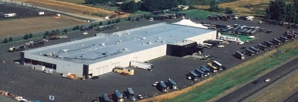 An aerial photo of Marathon Coach world headquarters in the 1980's