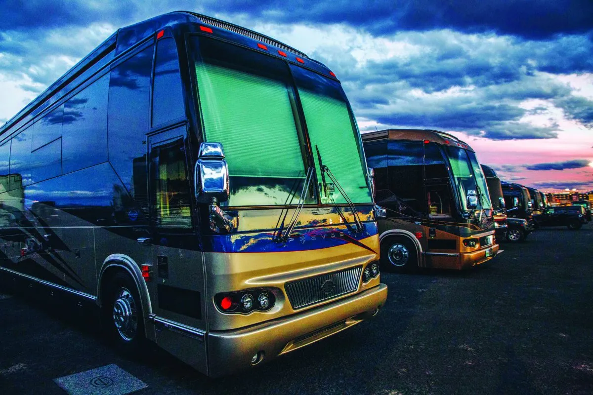 Lineup of Marathon Coaches at a Nascar Rally