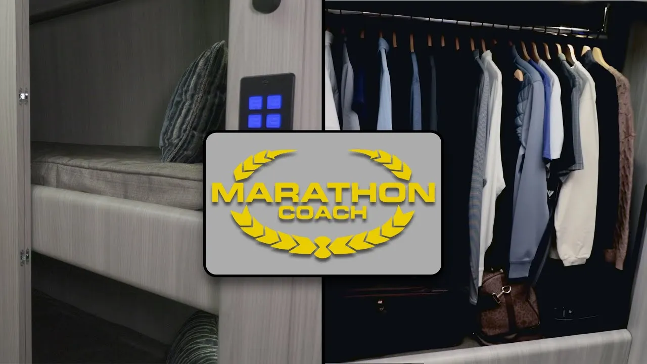 The Marathon Coach logo placed in front of the innovative bunk-to-wardrobe feature in a Marathon motor coach
