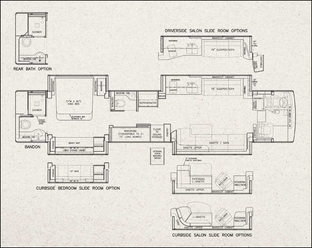A blueprint of a Marathon Coach floor plan