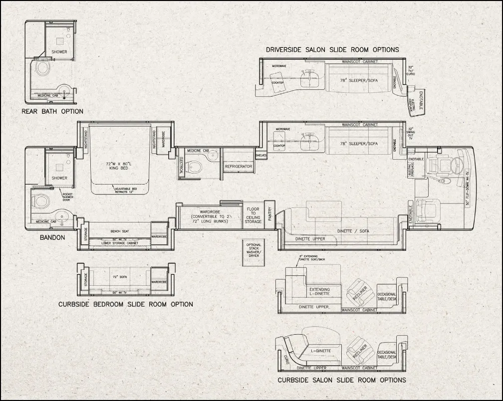 A blueprint of a Marathon Coach floor plan