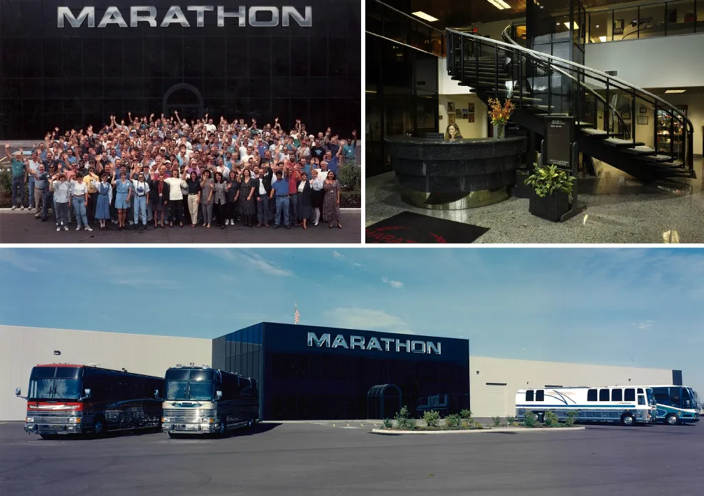 Top Left: Marathon Coach Staff Outside of Headquarters - 1994, Top Right: Marathon Coach Headquarters Lobby - 2011, Bottom: Marathon Coach Headquarters with Coaches - 1994