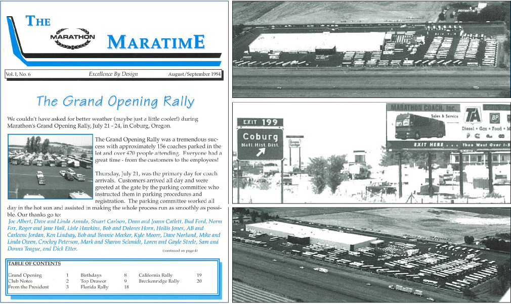 On Left: Summer 1994 Edition of The Maratime Featuring Marathon's Grand Opening Ralley, Top Right: Bird's Eye View of Marathon's Grand Opening Ralley - 1994, Middle Right: Exit 199 to Coburg Sign Next to Marathon Coach Inc. Sign, Bottom Right: Bird's Eye View of Marathon's Grand Opening Ralley -1994