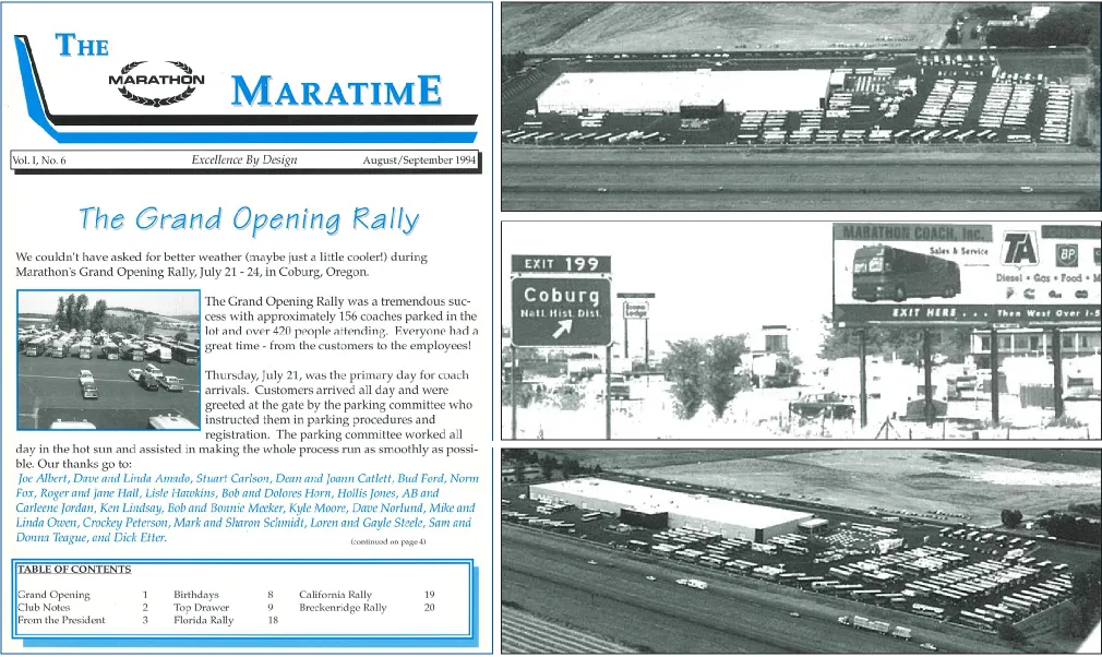 On Left: Summer 1994 Edition of The Maratime Featuring Marathon's Grand Opening Ralley, Top Right: Bird's Eye View of Marathon's Grand Opening Ralley - 1994, Middle Right: Exit 199 to Coburg Sign Next to Marathon Coach Inc. Sign, Bottom Right: Bird's Eye View of Marathon's Grand Opening Ralley -1994