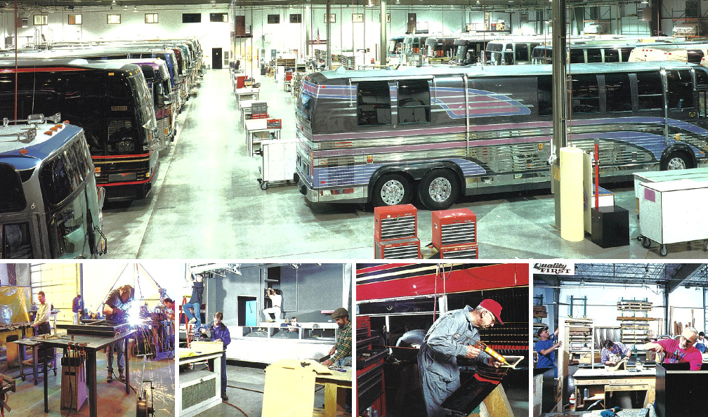 Top Image: Marathon Coach Production Floor in New Headquarters - 1994, Bottom Images from Left to Right: Metal Fabrication Department, Merchandising Show Trailer Under Construction, Craftsman at Work, Cabinetry Department