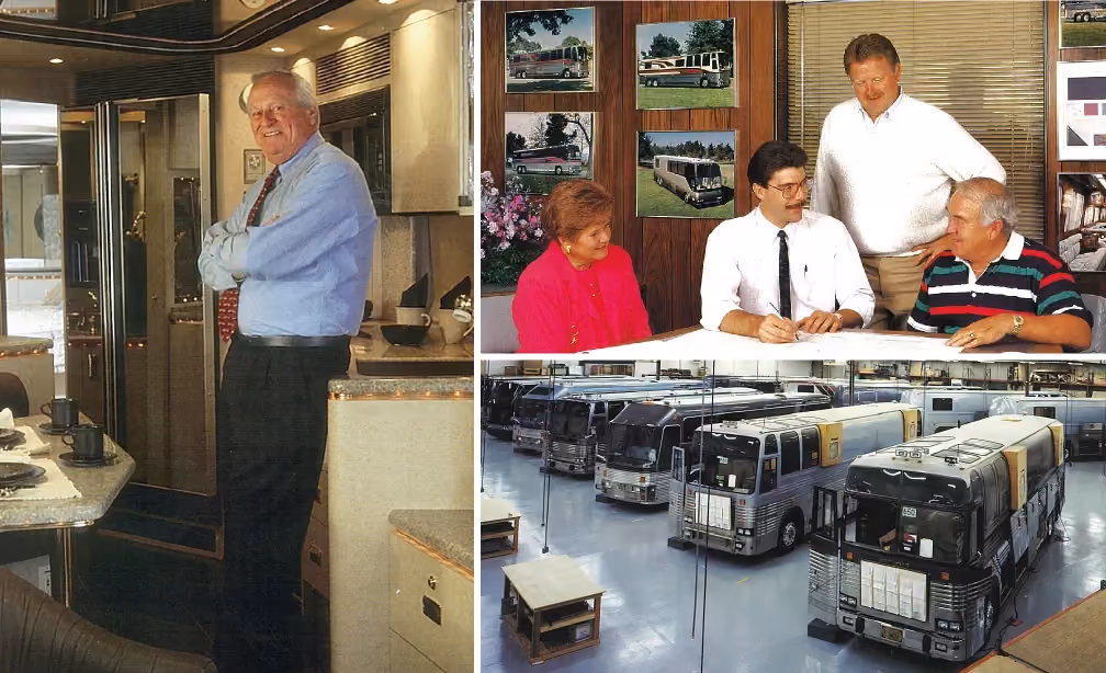 On Left: Bob Schoellhorn in a Marathon Coach, Top Right: Alan Christianson with Clients -1980's, Bottom Right: Marathon Coach Production Floor - 1980's
