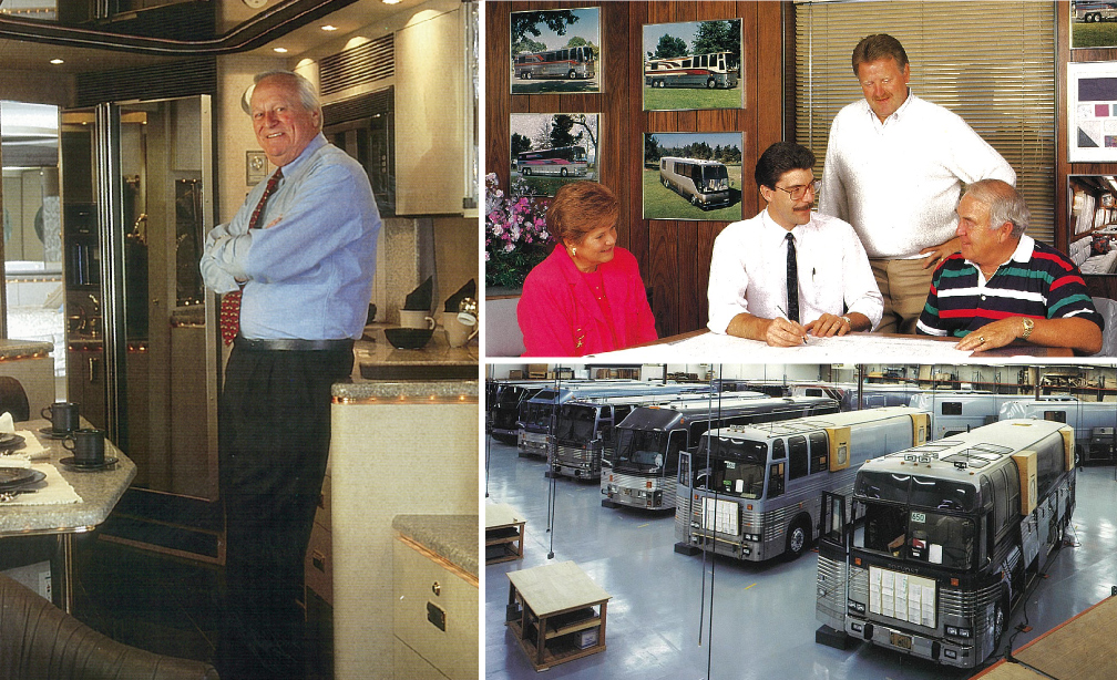 On Left: Bob Schoellhorn in a Marathon Coach, Top Right: Alan Christianson with Clients -1980's, Bottom Right: Marathon Coach Production Floor - 1980's