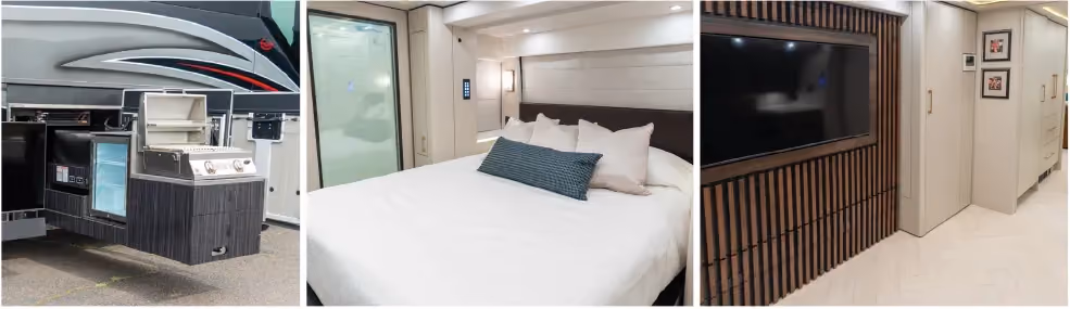 A photo collage of luxury RV features in a Marathon Coach