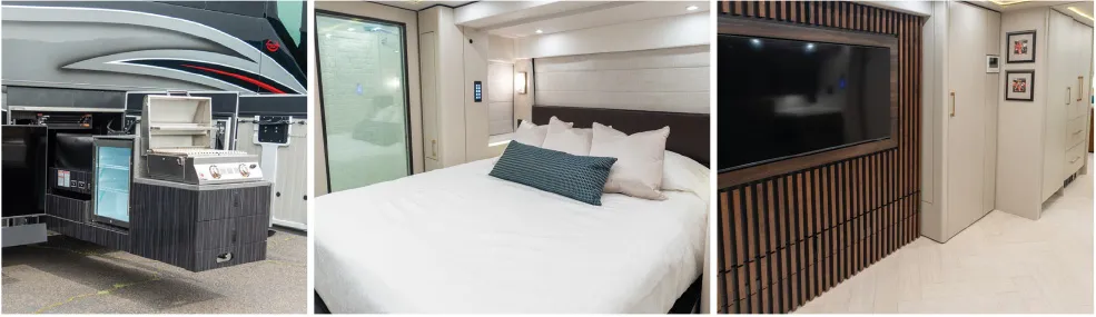 A photo collage of luxury RV features in a Marathon Coach