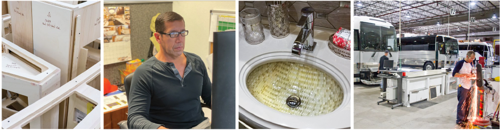 A photo collage of different phases of a Marathon Coach build