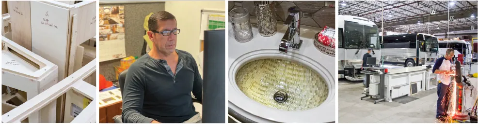 A photo collage of different phases of a Marathon Coach build