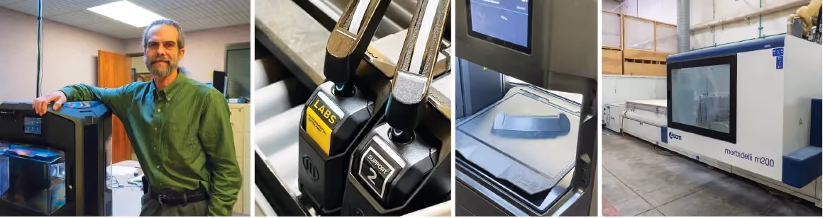 A collage of ohotos of CNC routing and 3D printing machines at Marathon Coach