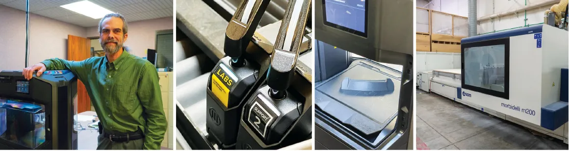 A collage of ohotos of CNC routing and 3D printing machines at Marathon Coach