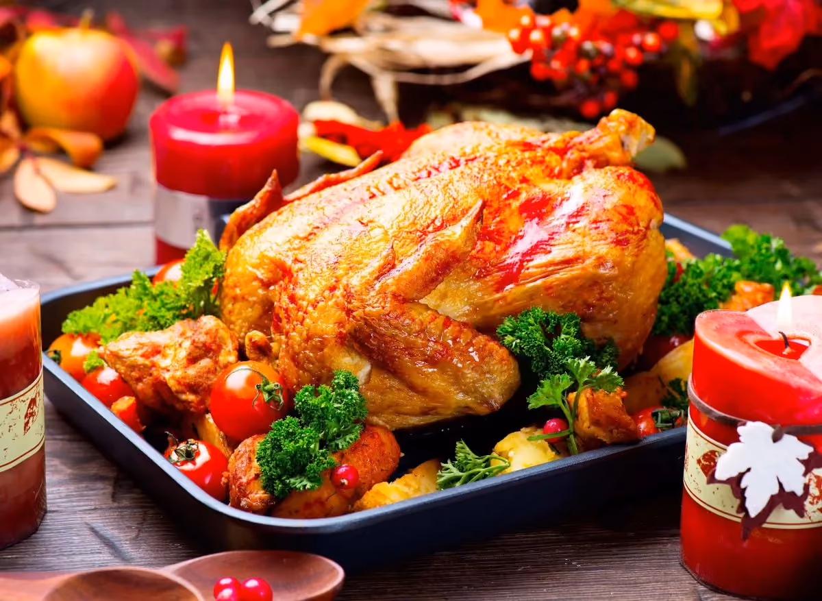 Thanksgiving Dinner. Roasted turkey garnished with Potato, Veget