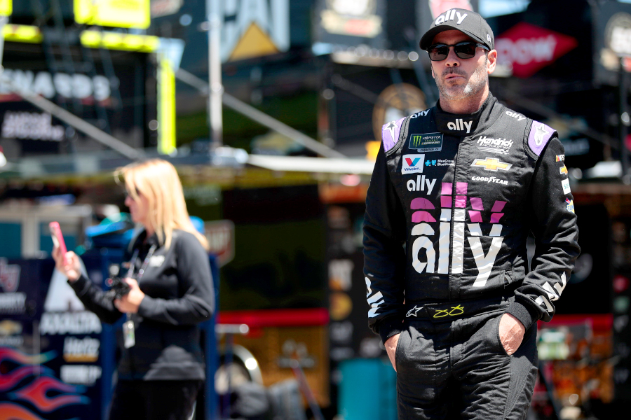 immie Johnson (48) watches practice for the Food City 500 at Bristol Motor Speedway in Bristol, TN