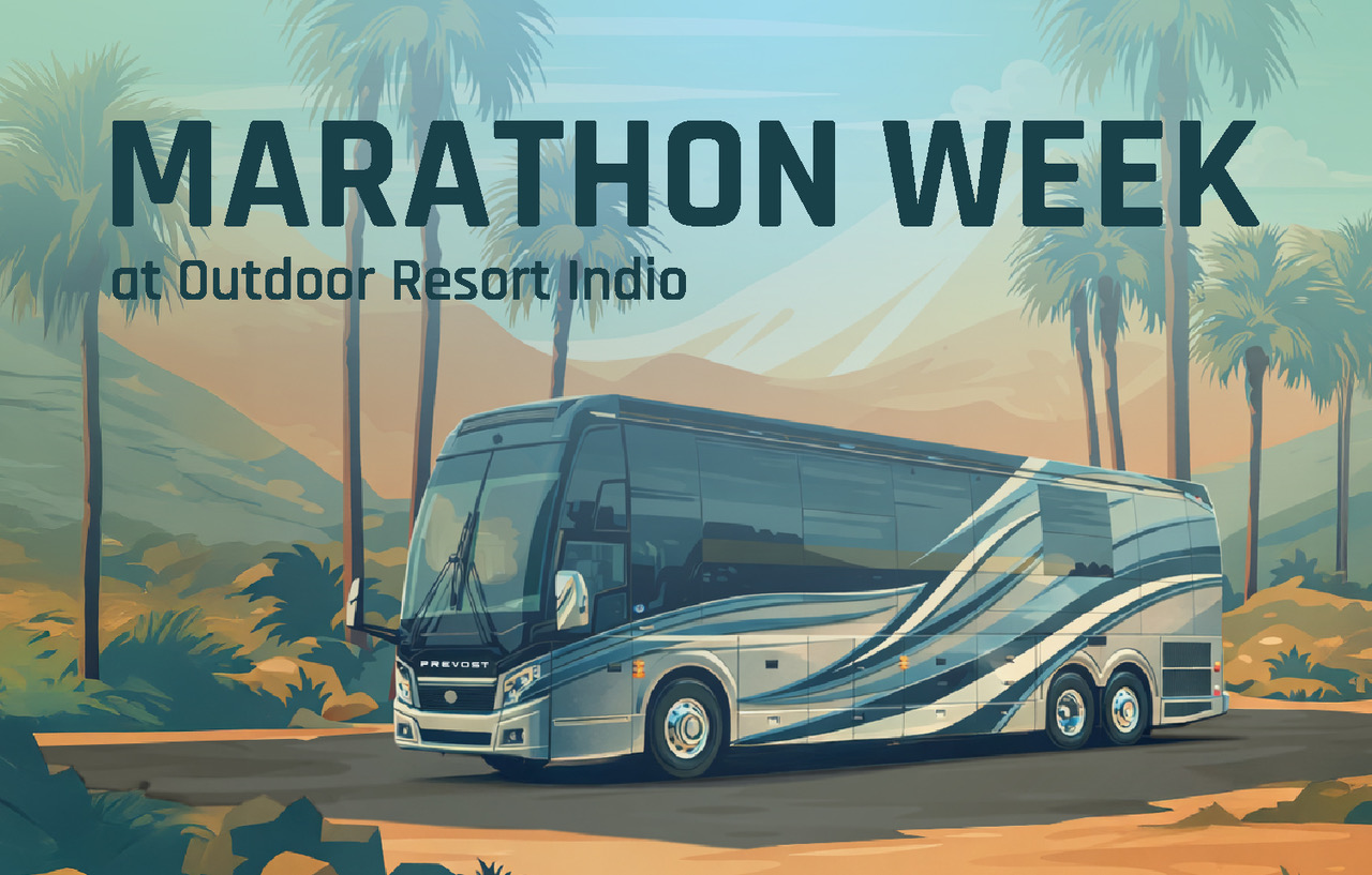 An illustrated Marathon Coach glamour shot, with the bus depicted in a lush desert scene.
