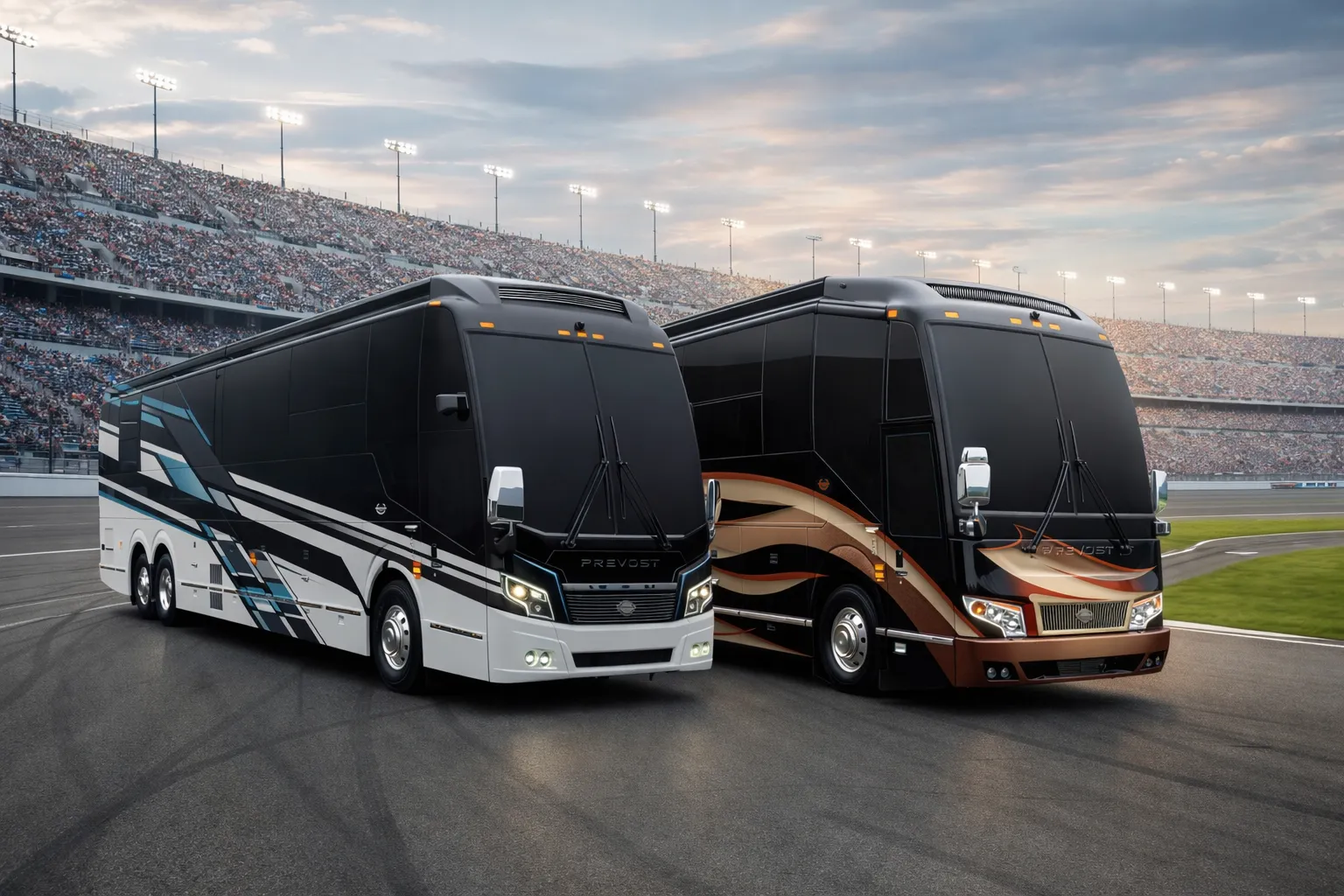 Two Marathon Coach buses on the Daytona International Speedway track