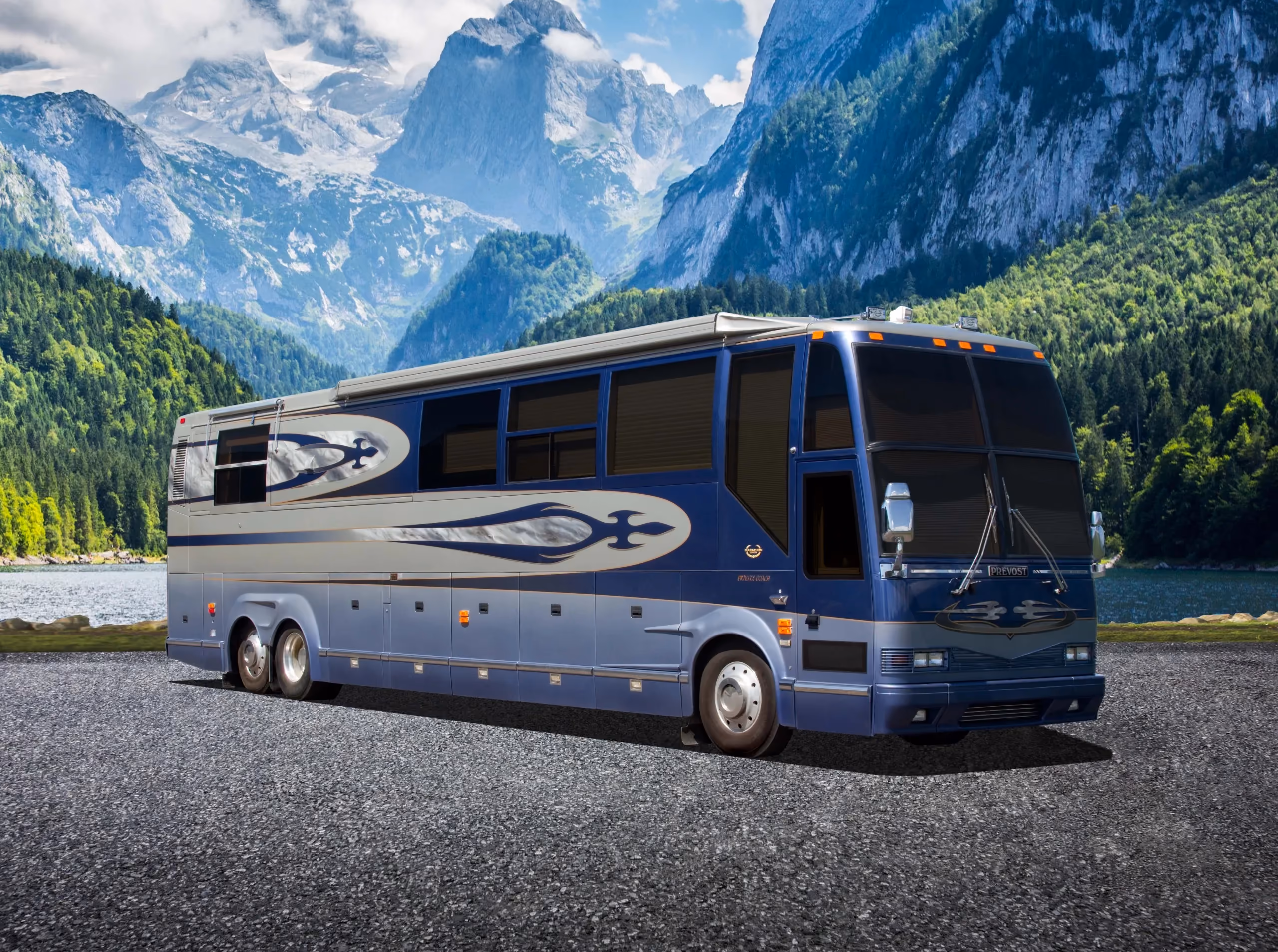 Exterior glamour shot of 2002 Marathon Coach 0735 on Prevost H3-45 chassis