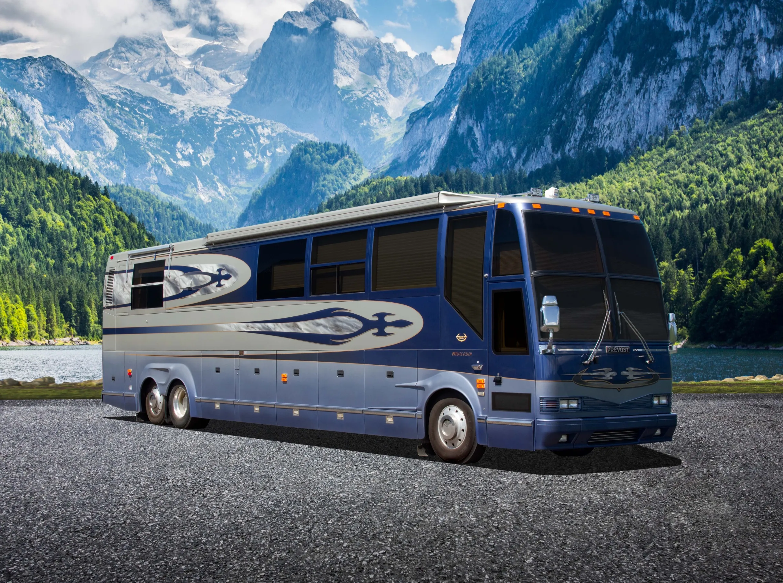 Exterior glamour shot of 2002 Marathon Coach 0735 on Prevost H3-45 chassis