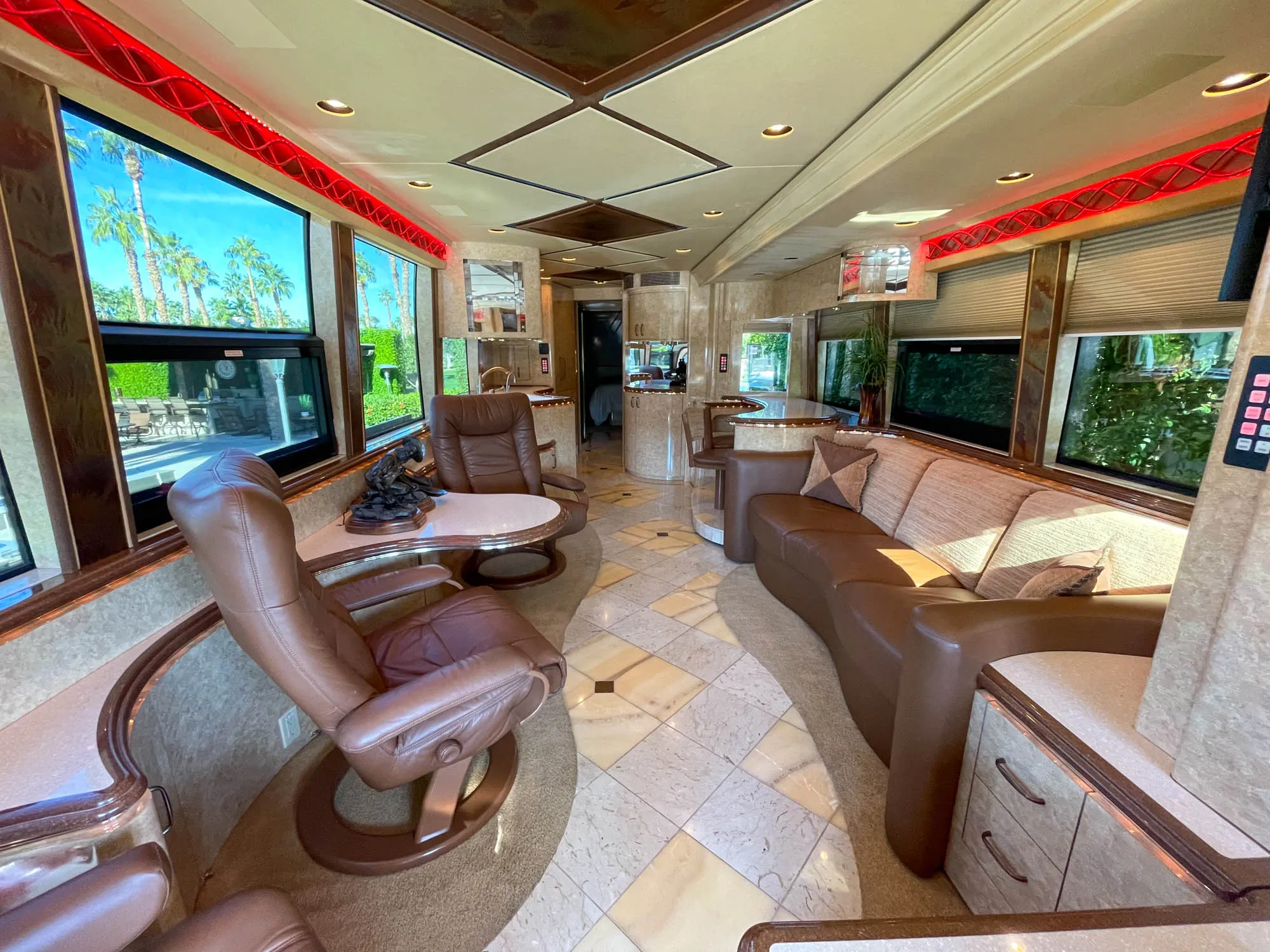 Interior living area with Crestron A/V controls in Marathon Coach 1083