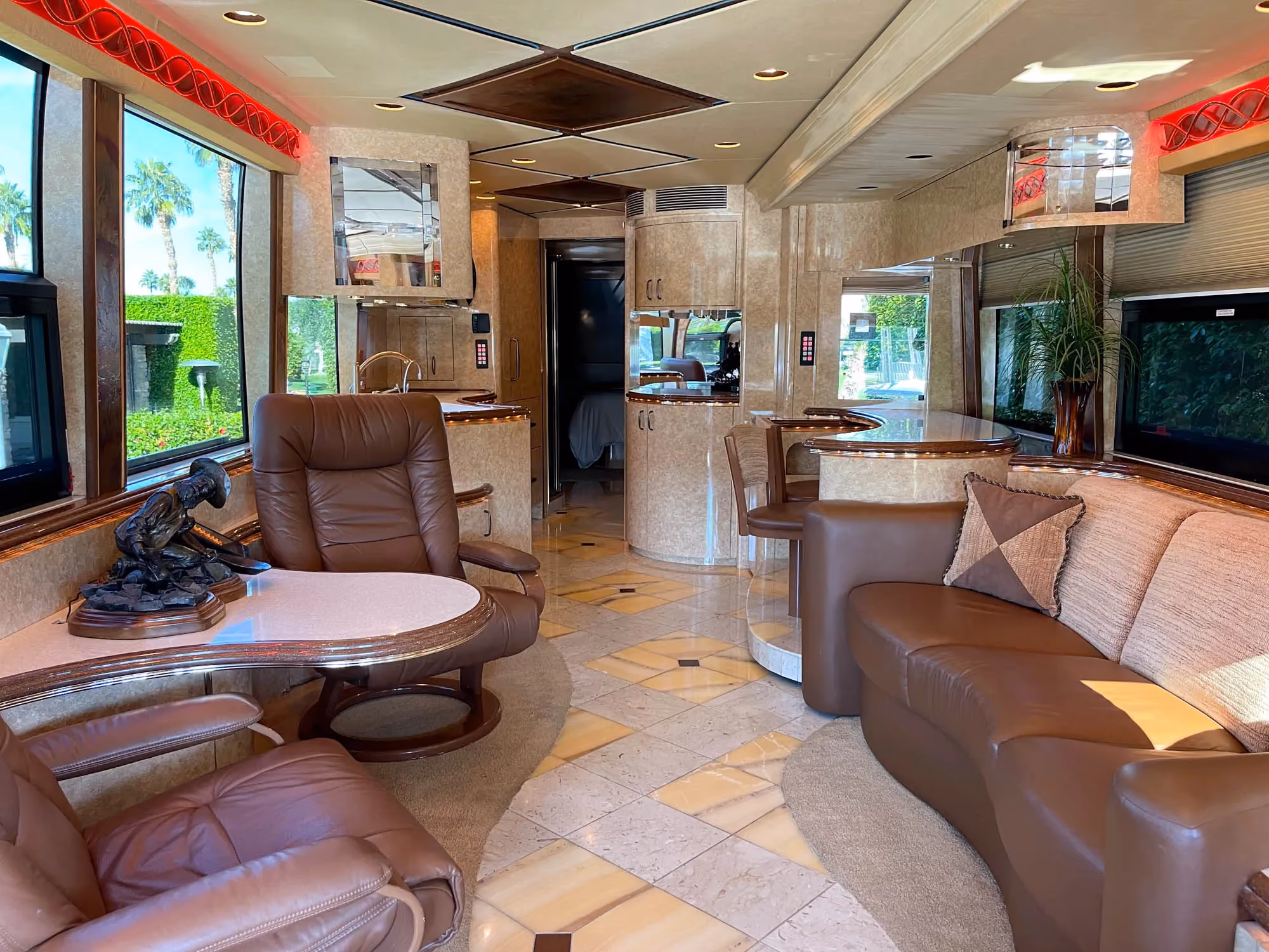 Interior seating in 2008 Marathon Coach 1083