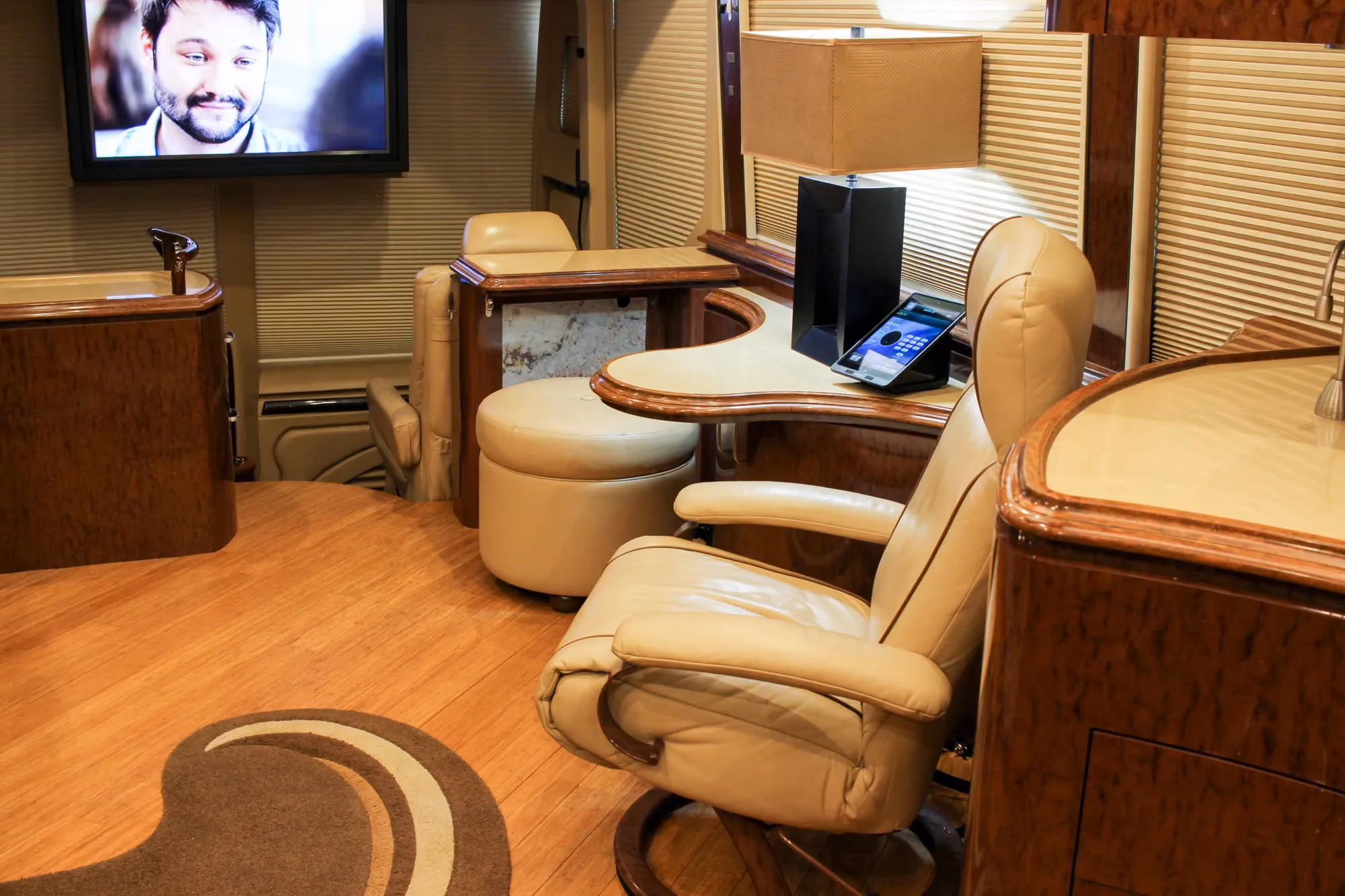Interior salon cabinetry close-up in Marathon Coach 1084