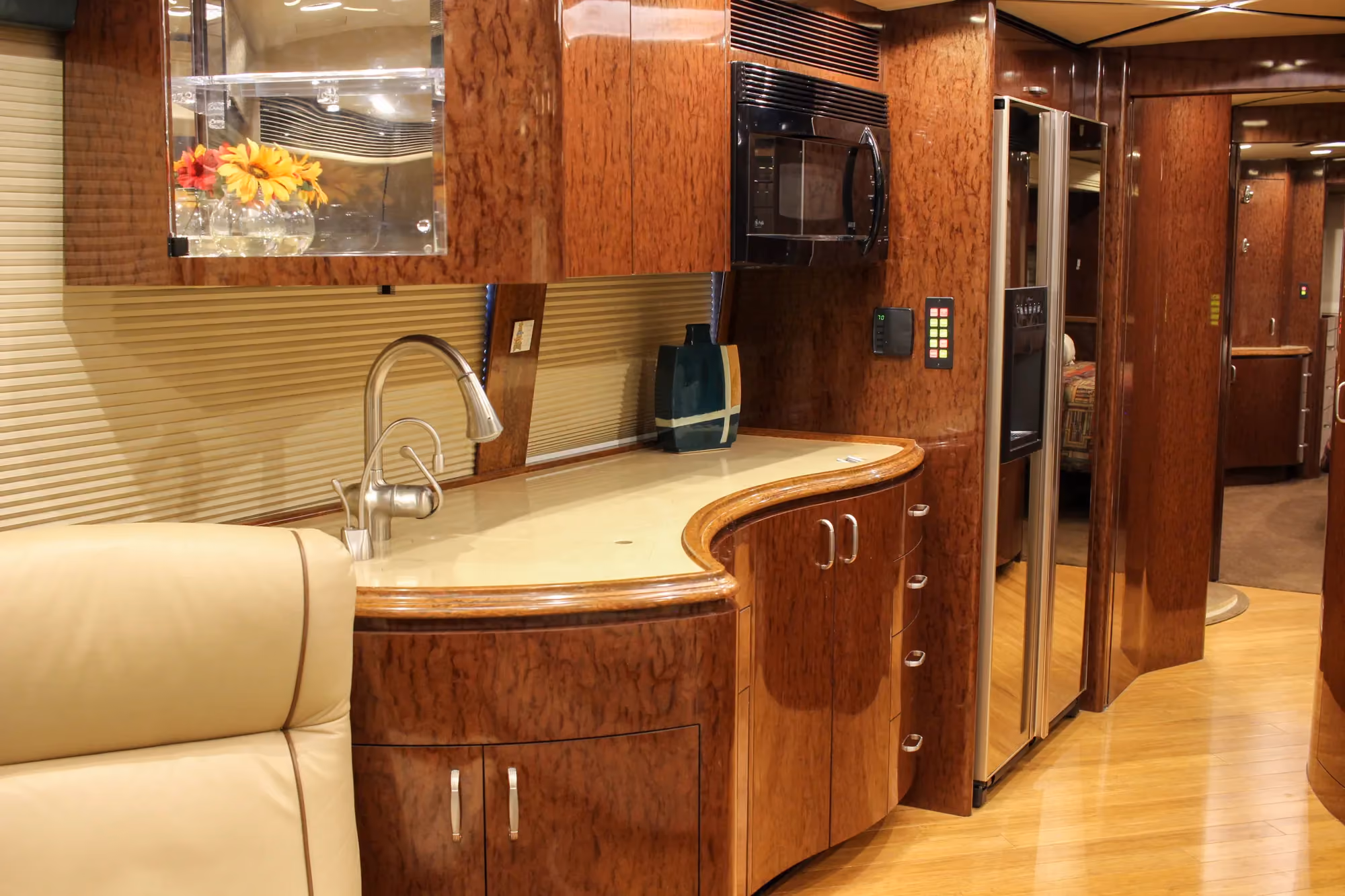 Interior galley kitchen of Marathon Coach 1084