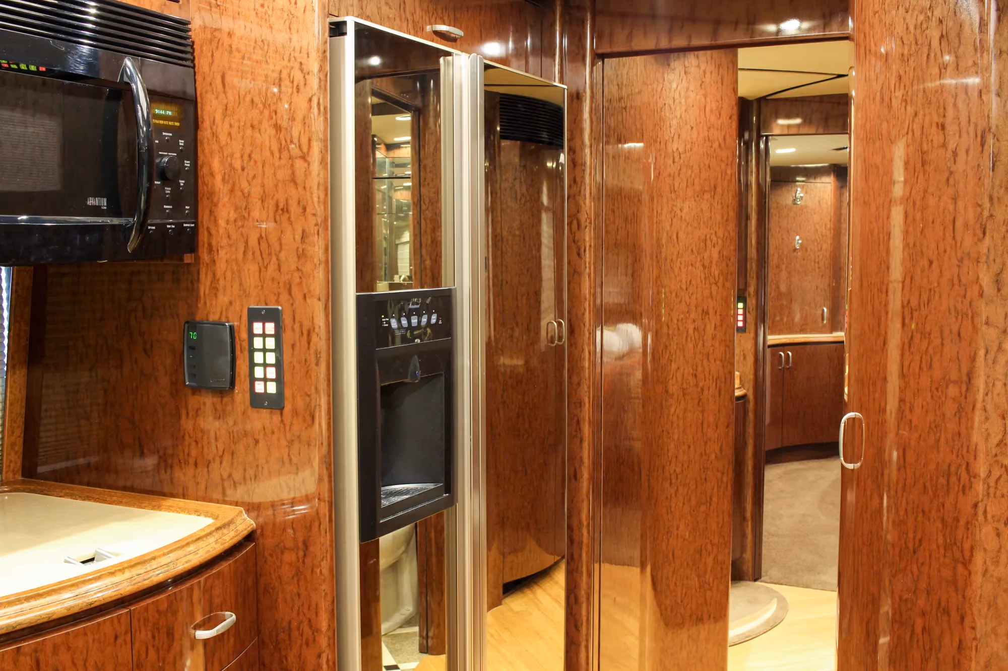 Interior bathroom vanity of Marathon Coach 1084