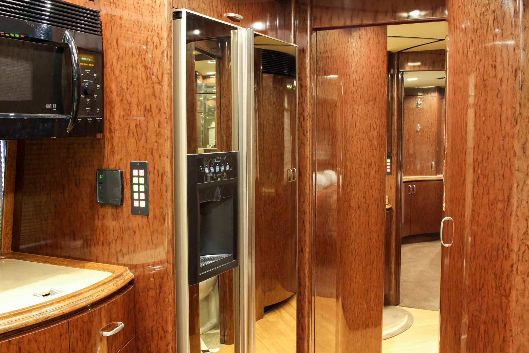 Interior bathroom vanity of Marathon Coach 1084