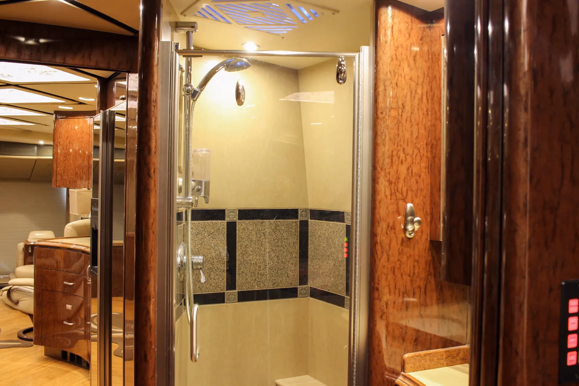 Interior bedroom cabinetry in Marathon Coach 1084