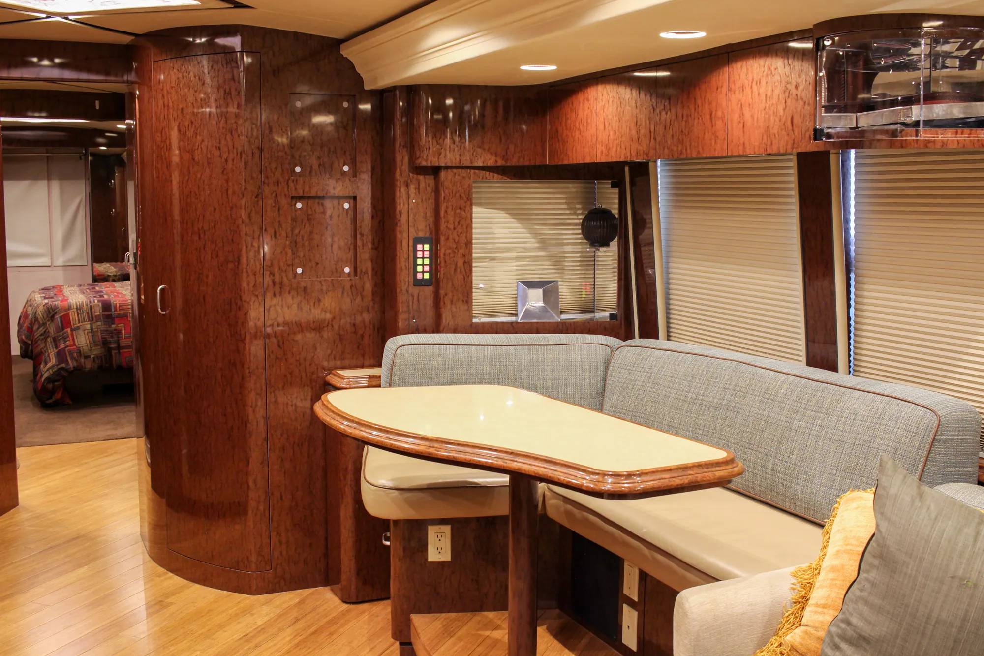 Interior salon cabinetry and finishes in Marathon Coach 1084