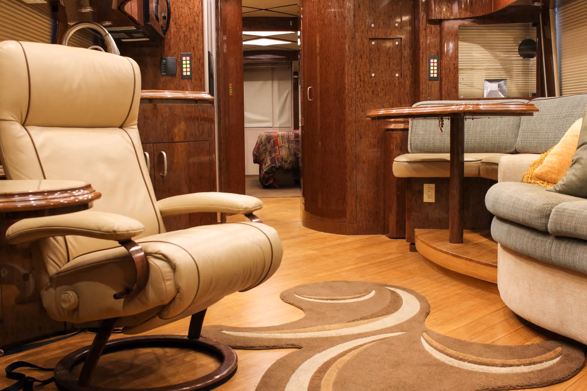 Interior living area seating of Marathon Coach 1084