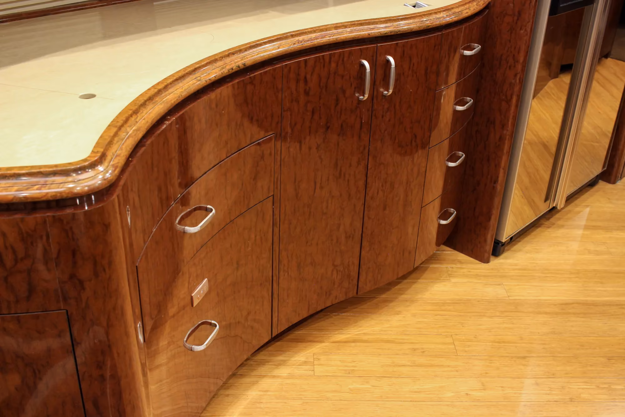 Interior galley countertop and appliances in Marathon Coach 1084