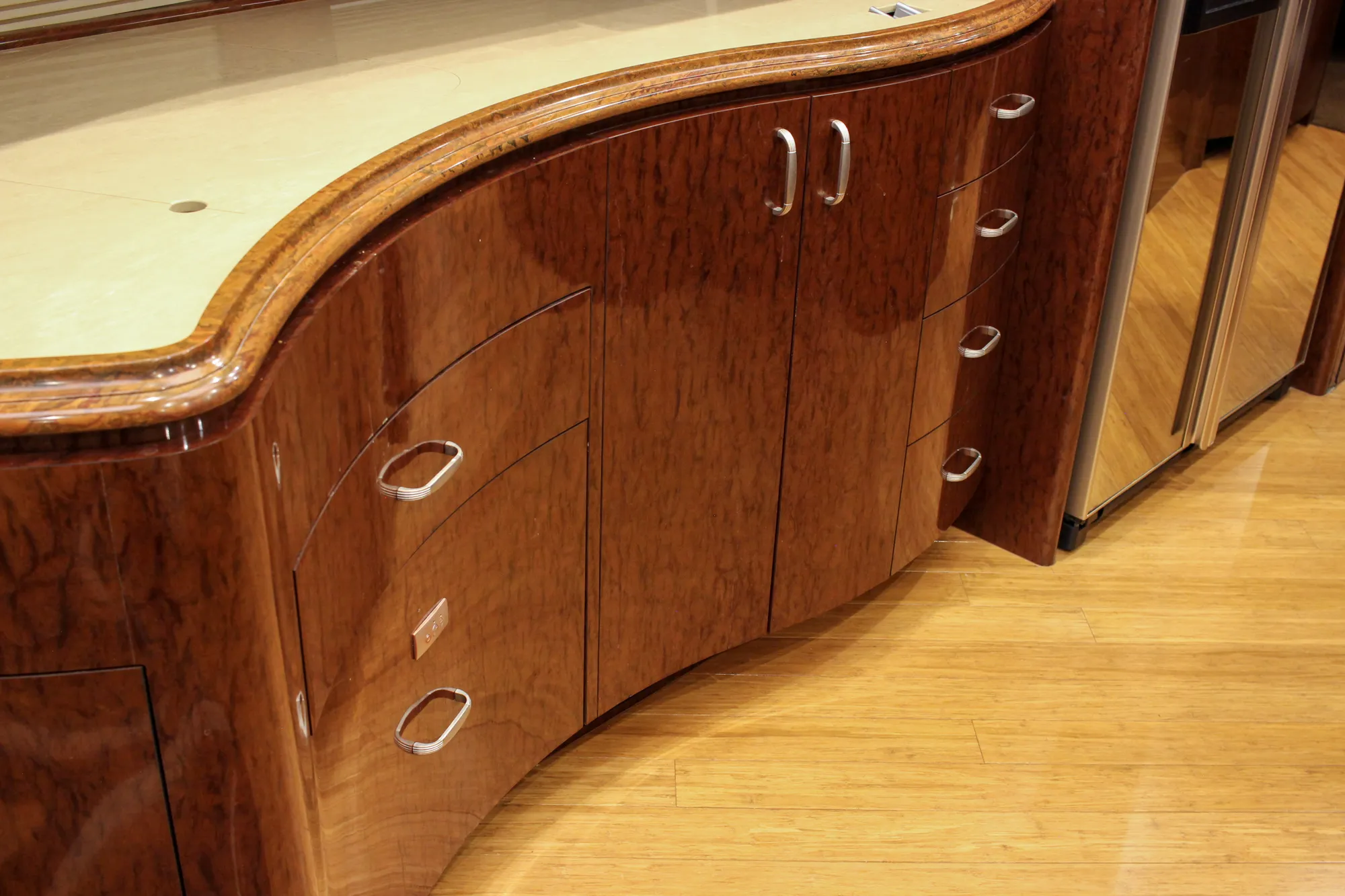 Interior galley countertop and appliances in Marathon Coach 1084