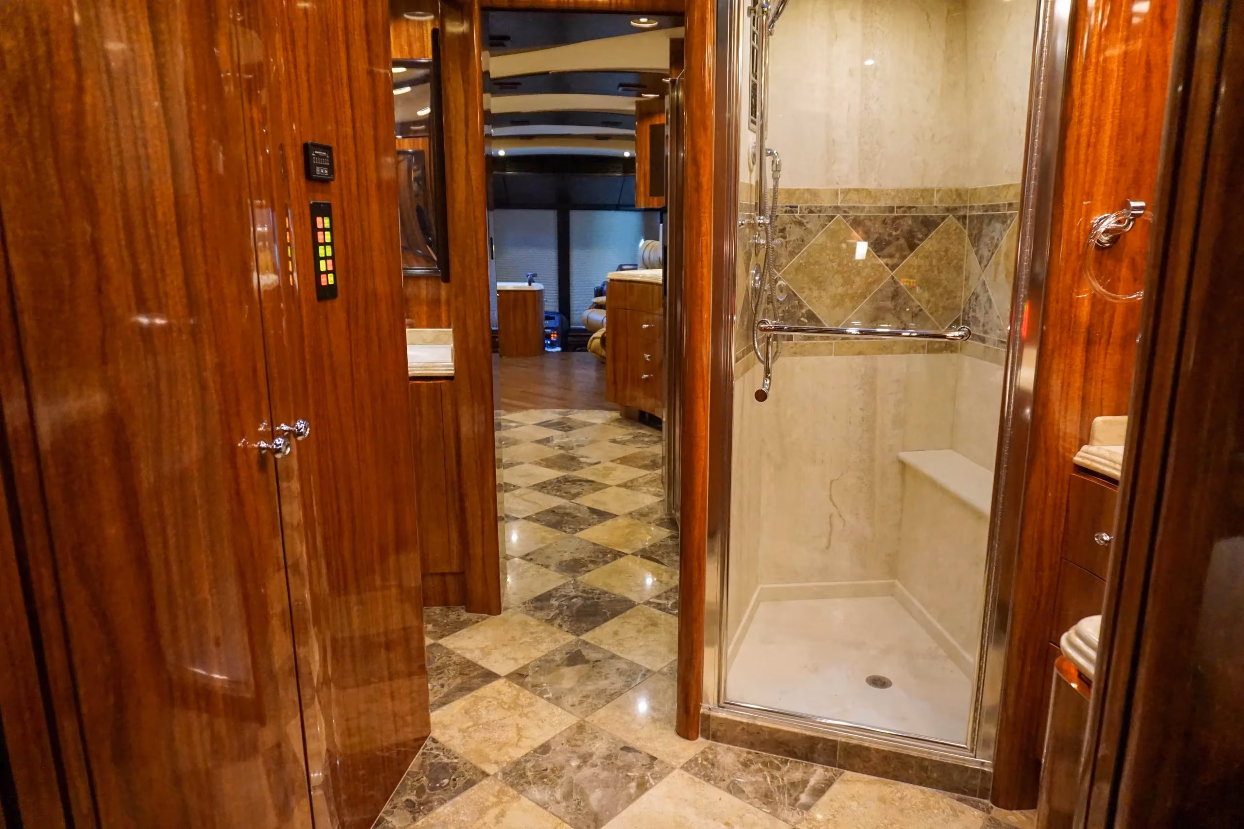 Interior bathroom area of Marathon Coach 1135