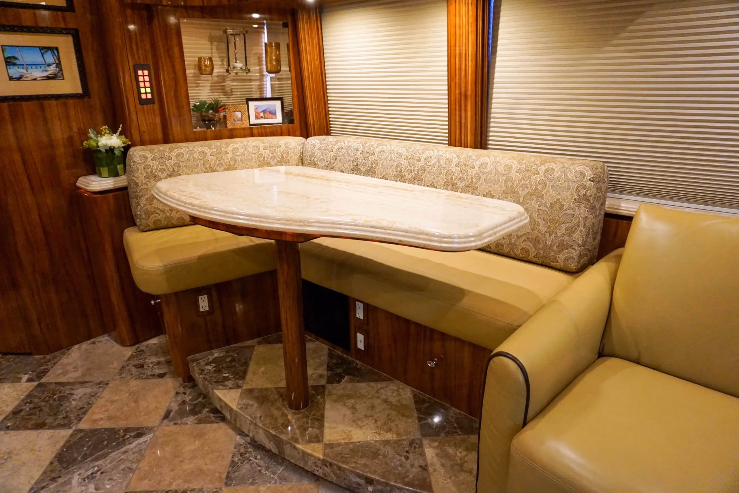 Interior salon cabinetry and finishes in Marathon Coach 1135