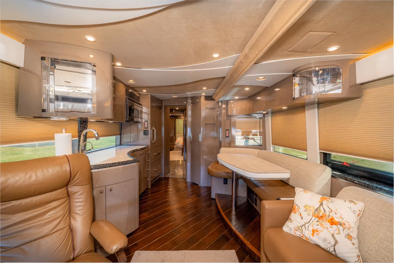 Interior salon cabinetry and Crestron A/V controls in Marathon Coach 1153
