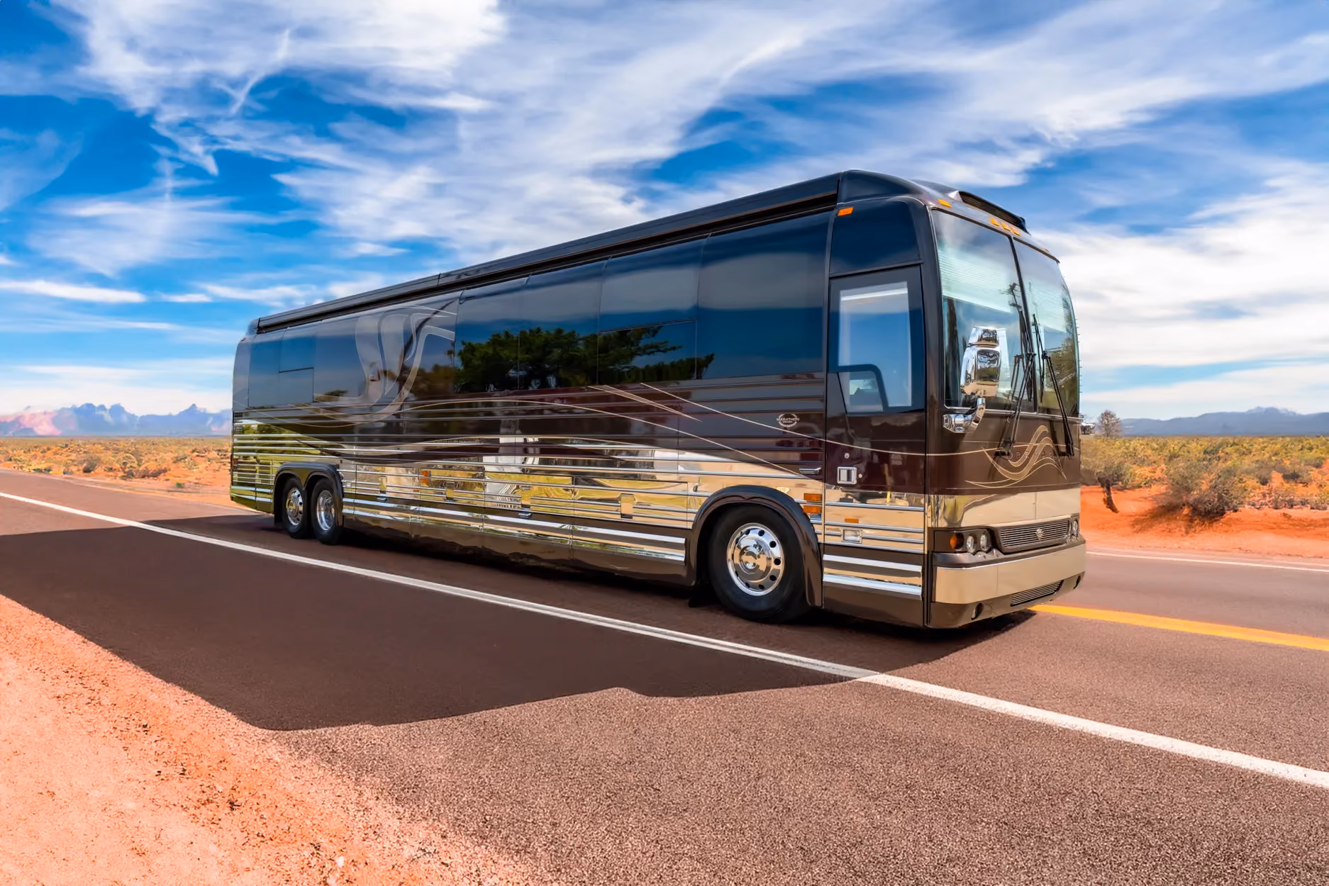 Exterior glamour shot of 2009 Marathon Coach 1153 on Prevost X3-45 chassis