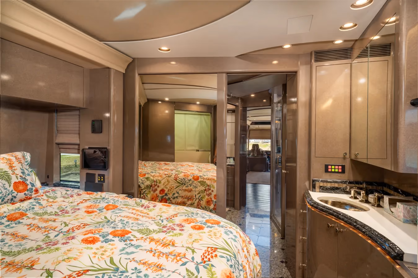 Interior bathroom vanity of Marathon Coach 1153