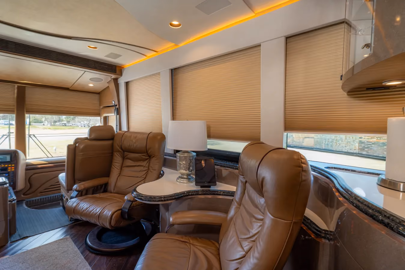 Interior cockpit with surround sound system in Marathon Coach 1153