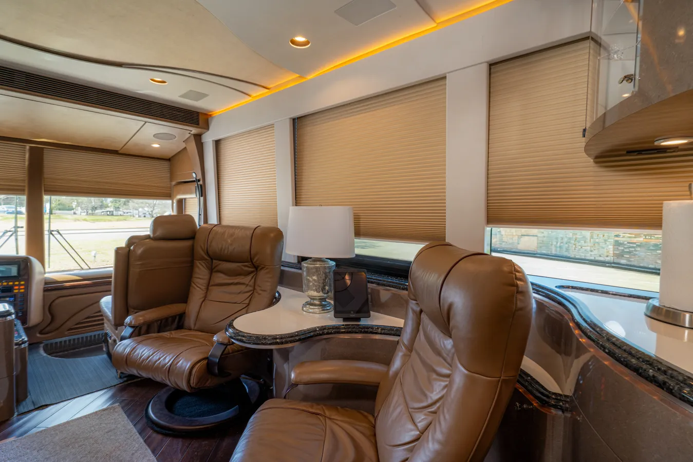 Interior cockpit with surround sound system in Marathon Coach 1153