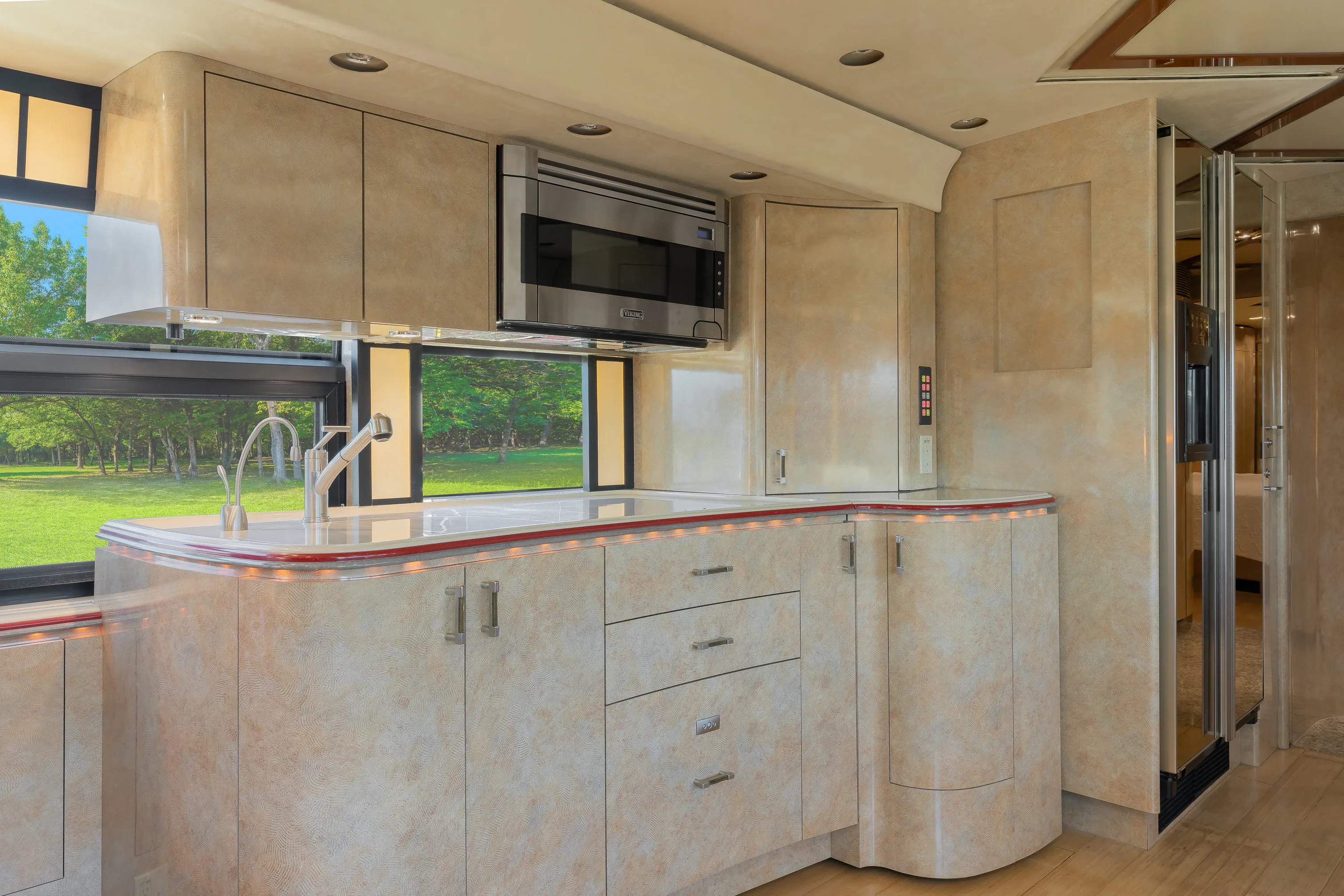 Interior galley kitchen of Marathon Coach 1154