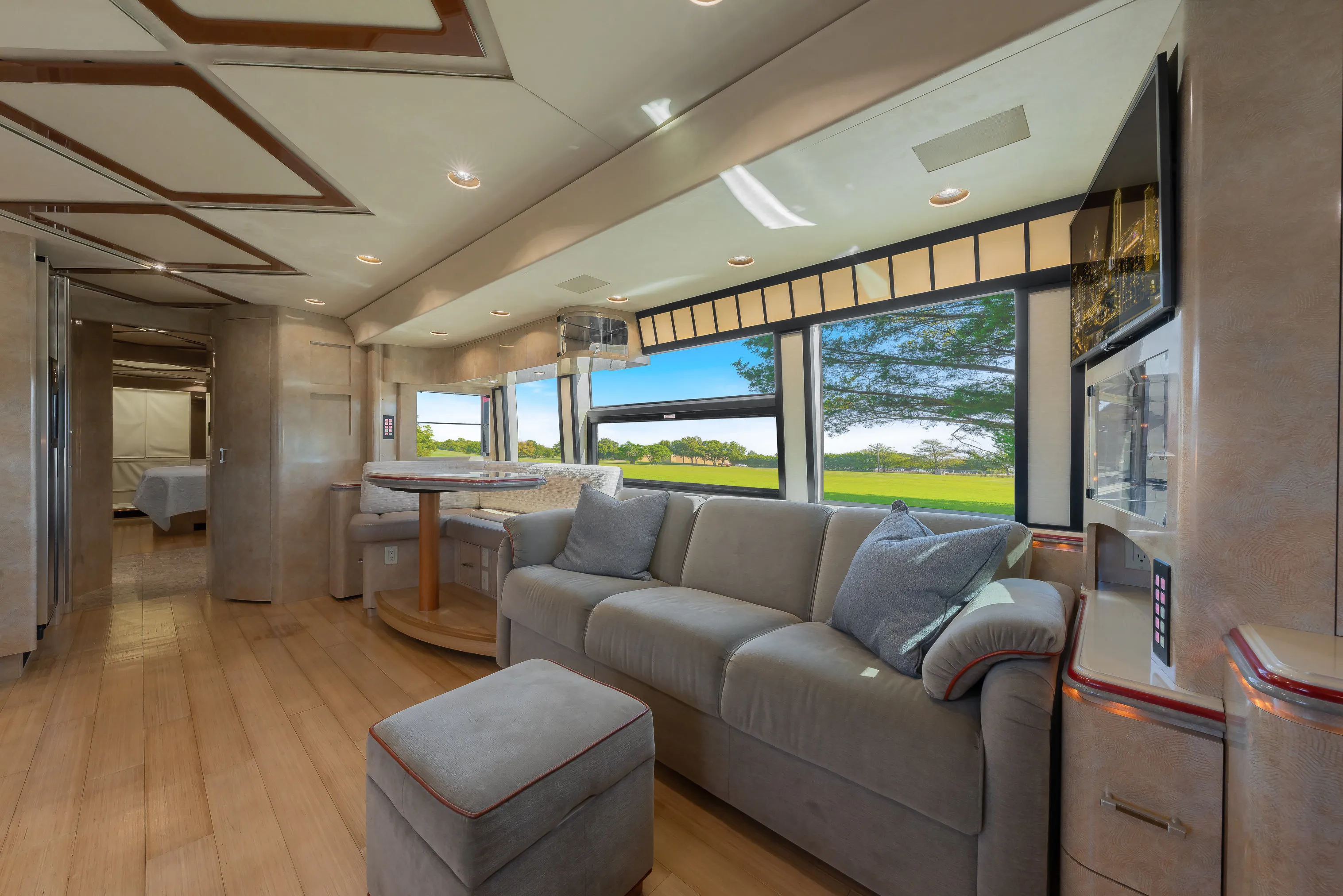 Interior overview of Marathon Coach 1154 with expanded triple-slide