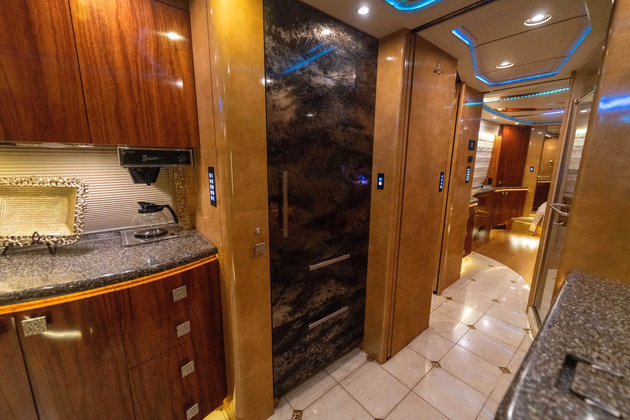 Interior galley countertop and appliances in Marathon Coach 1194