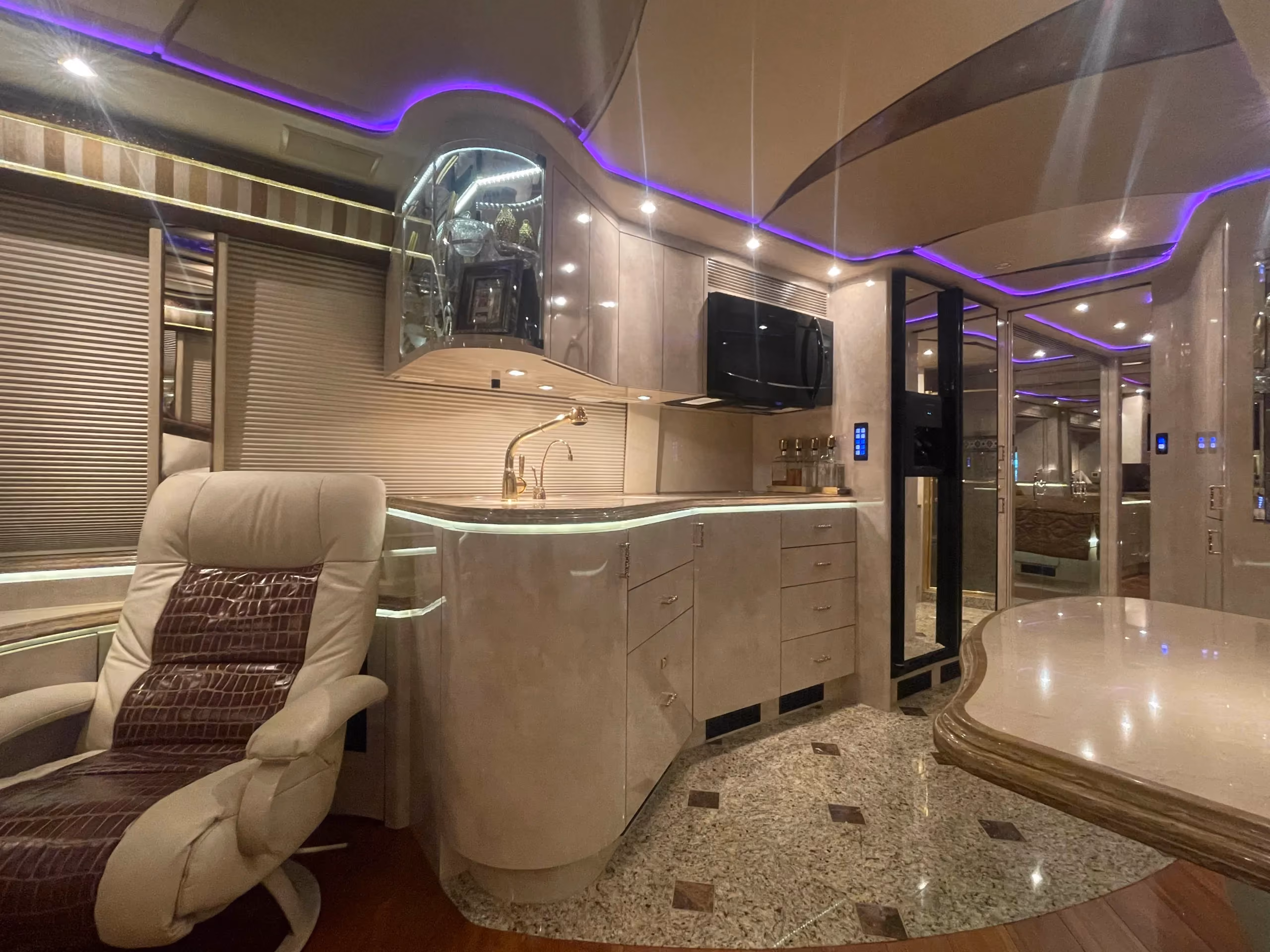 Interior salon cabinetry and finishes in Marathon Coach 1202